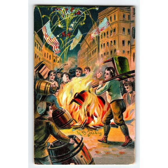 4th Of July Postcard Children Fireworks Celebration Bonfire Germany Series 746 - Picture 1 of 2